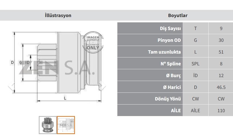 Marş Dişlisi 9diş Hyundai Accent Dizel Suzukı Vıtara / Chrysler Voyager 2.8 Crdı Zen0617 | Zen 0617