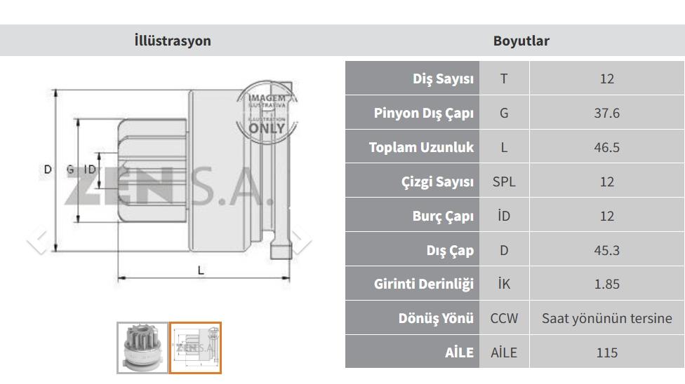 Marş Dişlisi 12diş V184 Ters Zen1539 (iç Dişli) (ccw) | Zen 1539
