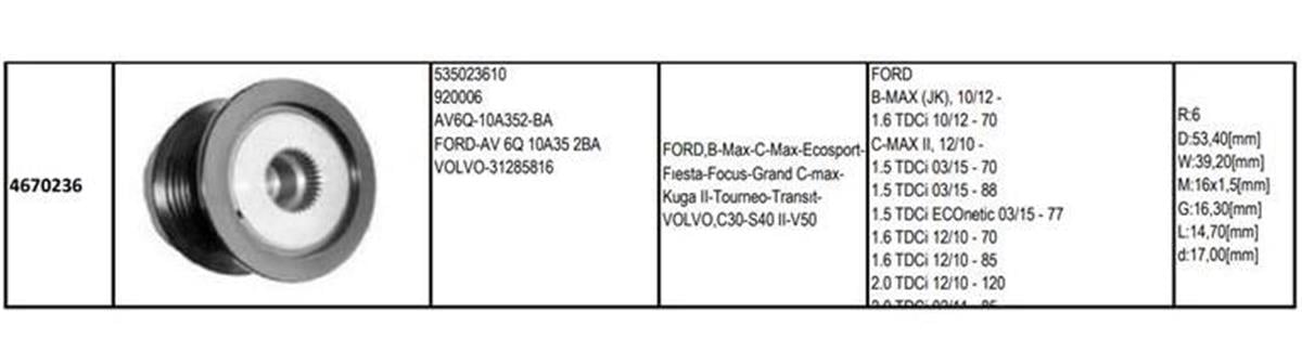 Alt Kasnağı 6Kan Focus Fiesta (Ford Cmax Fıesta 4 Focus 3 Kuga 2 Transit Connect Courıer 1 5 1 6 2 0Tdci) (535023610 Wai 94280 | Gmp 4670236