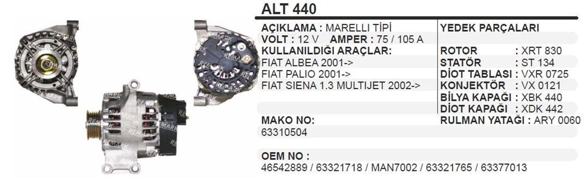 Alternatör 12V 105Ah Palio Albea Siena 1,2 Alt440