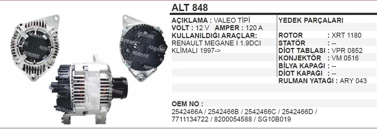 Alternatör 12V 120Ah Reno Megan I 1 9 Dcı Klımalı 97 >  Grandtour,Eco,Scenıc 1 9Dci Rx4
