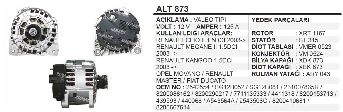 Alternatör 12V 125Ah Reno Clio Megan Valeotip Valeo406770