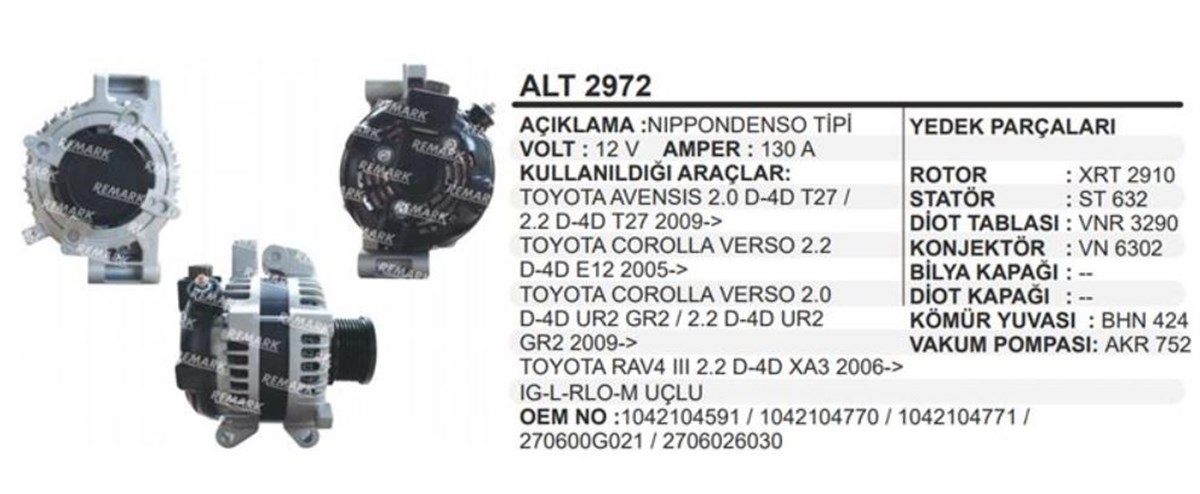 Alternatör 12V 130Ah Toyota Avansis Corolla Rav4 Verso
