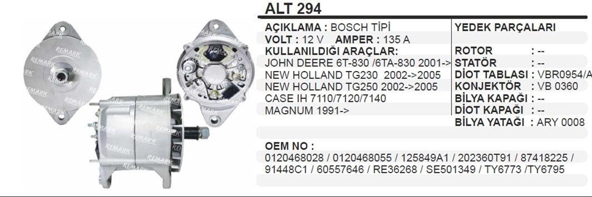 Alternatör 12V 135A Bosch Tipi Johndere New Holland Case 02 05 Tc56 Tg230 Biçerdöver