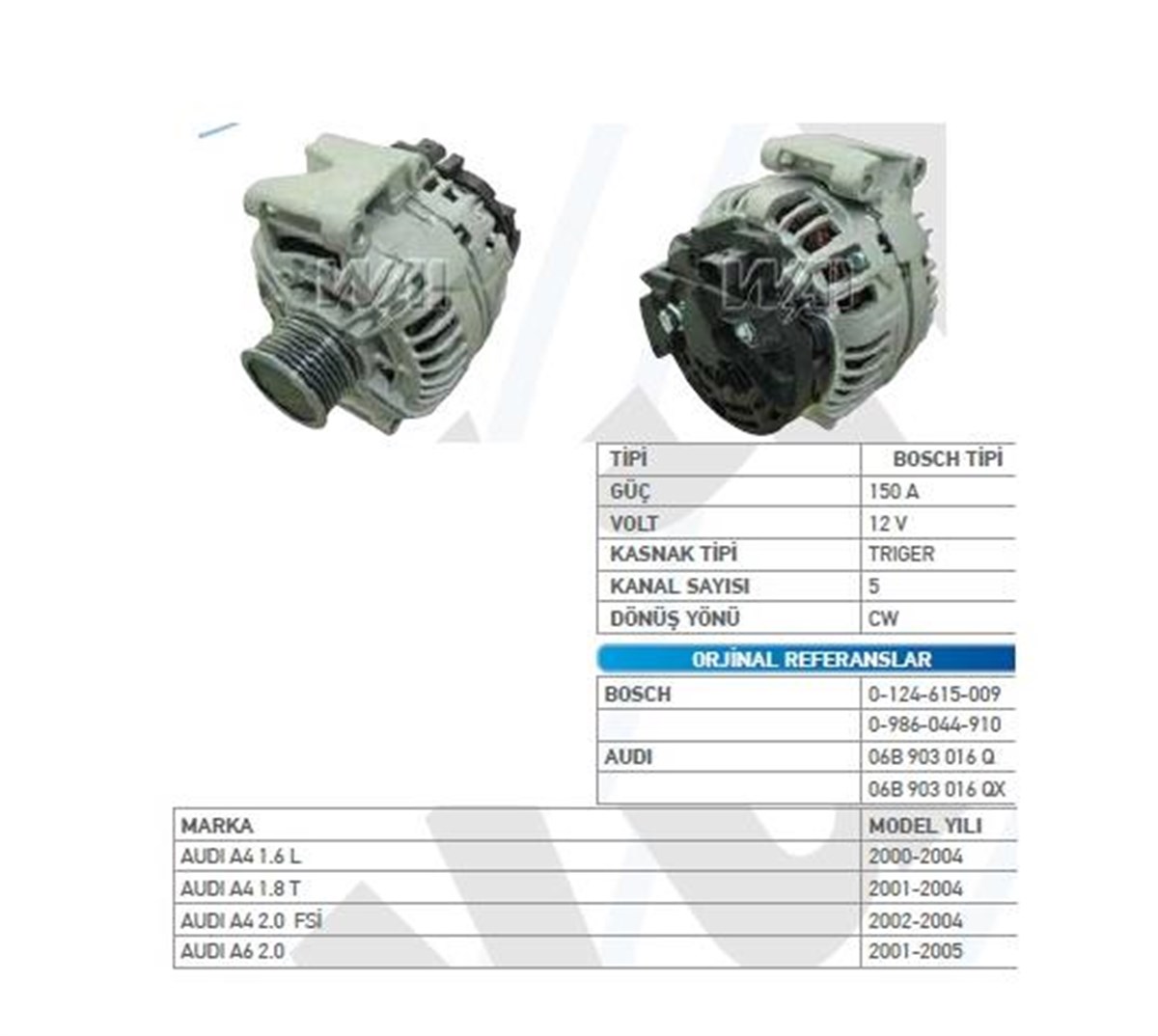 Alternatör 12V 150Ah Vw Audi Passat Audı A4 A6 1 6 1 8 01  05   Alt287