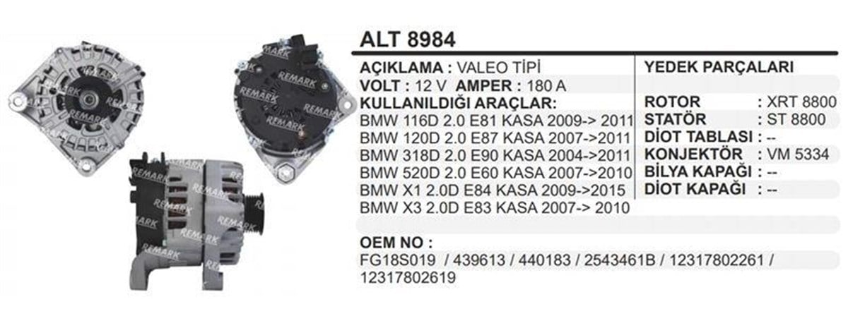 Alternatör 12V 180Ah Bmw E90 E87 E84 320D 520D