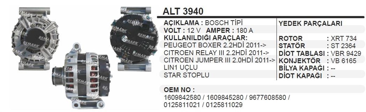 Alternatör 12V 180Ah Peugeot Boxer Cıtroen Jumper Lın Uçlu