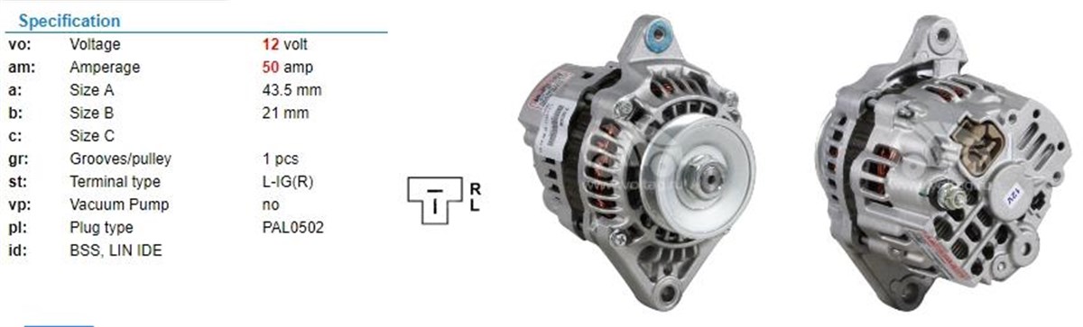 Alternatör 12V 50Ah Cat İş Mak Forklift Marintip Caterpıllar 305Cr / Hyundai R28 7 / Jcb / Vetus Engıne / Volvo Ec30 Uwa3764