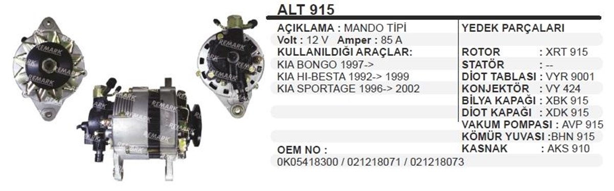 Alternatör 12V 55Ah Kia Besta Pregio       Alt915