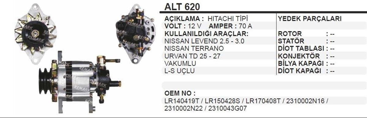Alternatör 12V 70Ah Bmc Levent Nissan 2 5 Tata 2Fişli (Küçük Vakum) Kare Soket