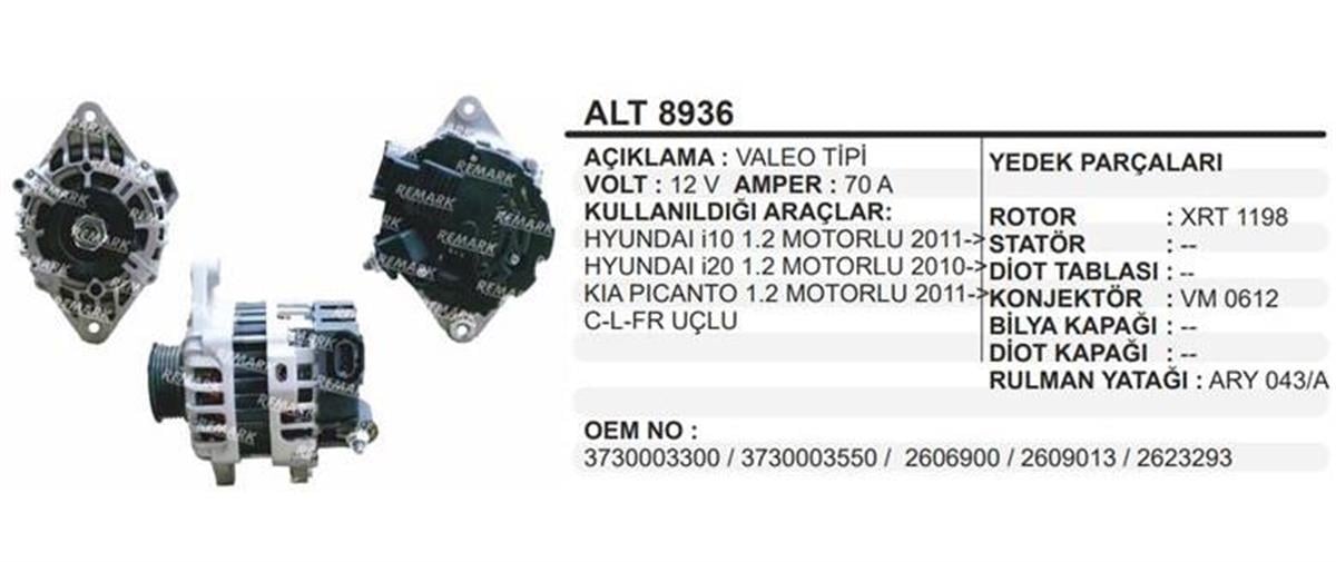 Alternatör 12V 70Ah Hyundai İ10 İ20 Kia Pıcanto 3730003300 3730003550