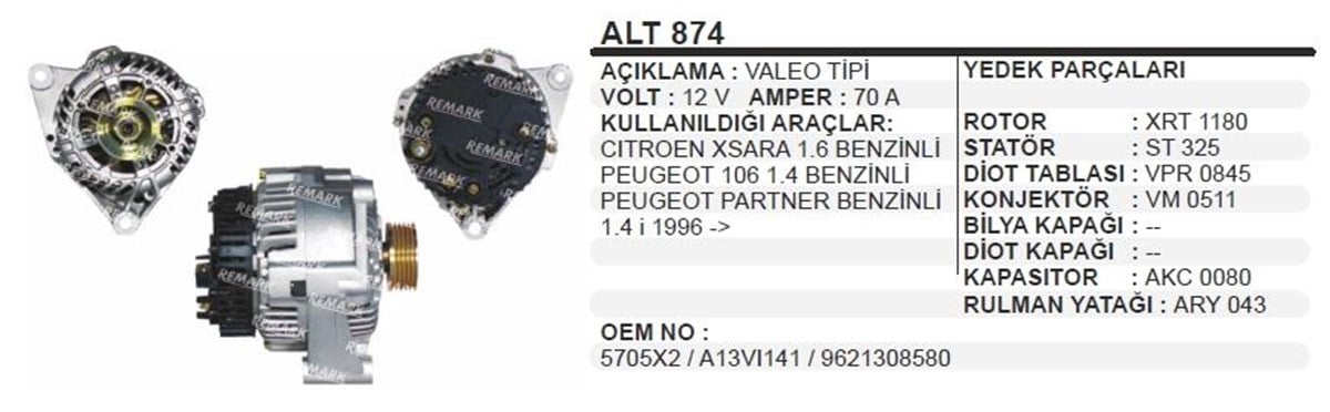 Alternatör 12V 70Ah Peugeot 106 1,4 Cıtroen Alt874