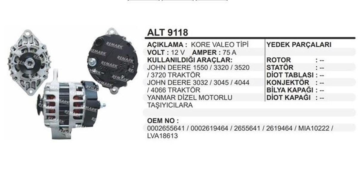 Alternatör 12V 75A Jhondeere 3320 3520 Yanmar