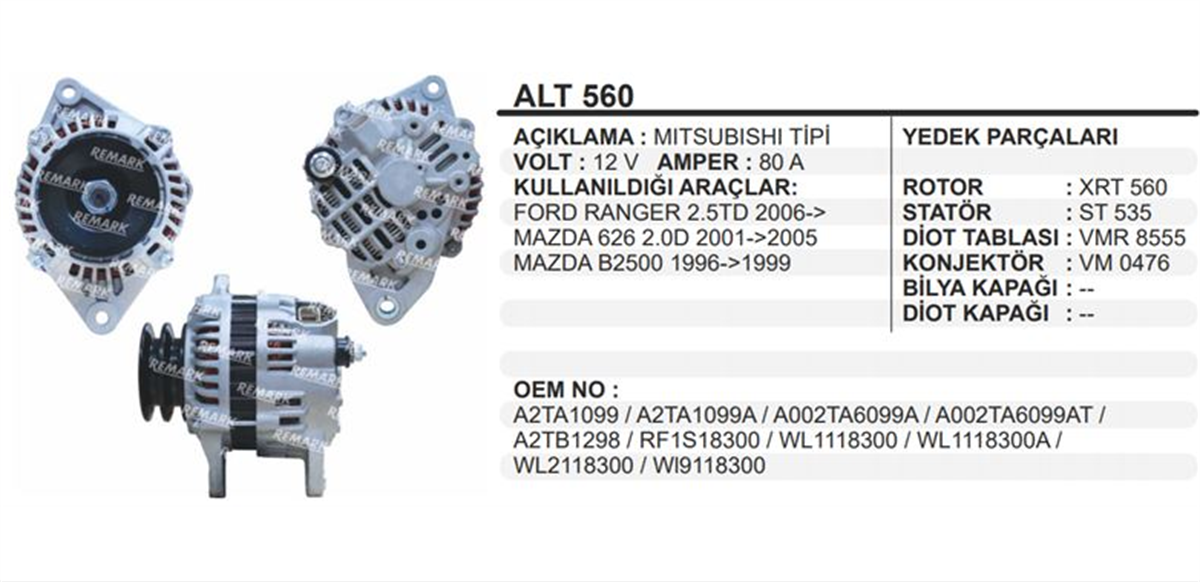 Alternatör 12V 80Ah Ford Ranger Mazda Mits Kia Rio Alt560