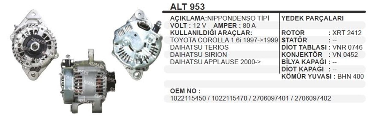 Alternatör 12V 80Ah Toyota Corolla Daıhatsu 1,6 Daıhatsu Terıos Applause Sırıon