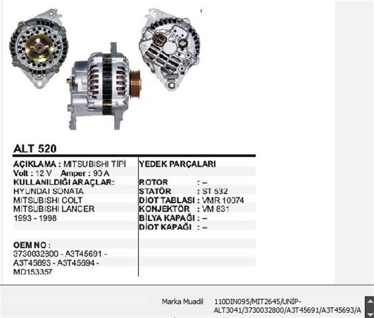 ALTERNATÖR 12V 90AH 4KANALLI HYUNDAI SONATA/LANCER 93-99 MODEL