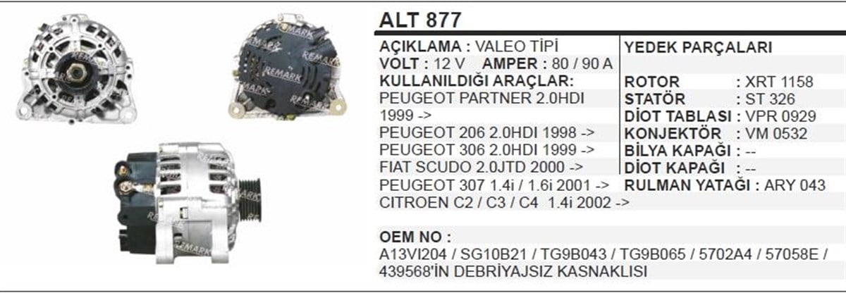 Alternatör 12V 90Ah Başlıklı Pejo Partner Cıtroen (Başlıklı Cıvatalı) Alt877