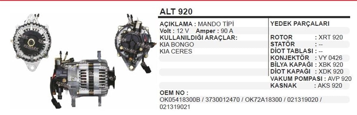 Alternatör 12V 90Ah Kia Bongo Cerez Alt920