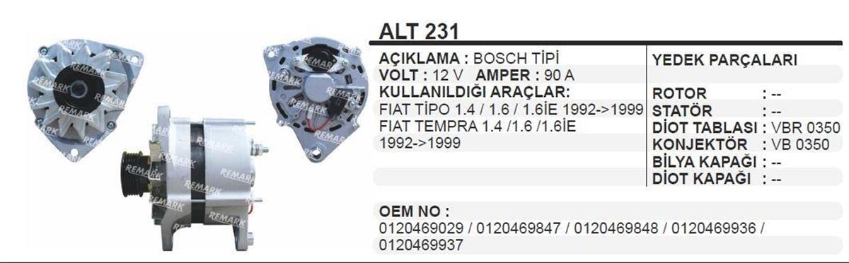 Alternatör 12V 90Ah Tempra Tipo Klimalı Bosch Tip