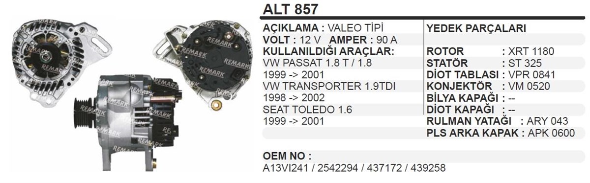 Alternatör 12V 90Ah Vw Passat Octavıa Alt857