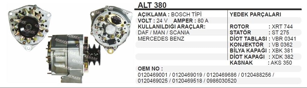 Alternatör 24V 80Ah Mercedes Daf Man Axor Alt380
