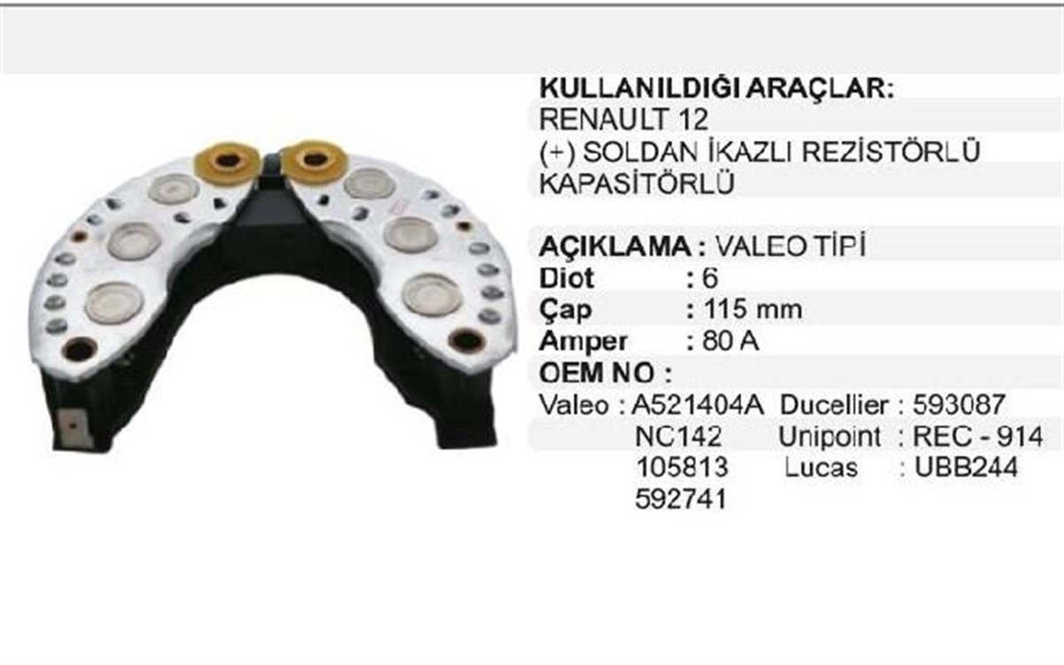 Diyot Tablası Renault 12 Soldan İkazlı Rezistörlü Kapasitörlü