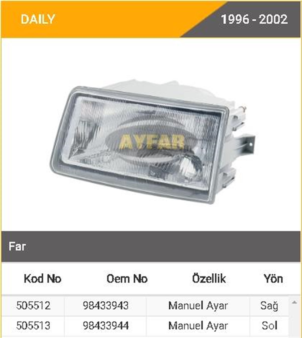 FAR IVECO DAILY SAĞ 96-02---------------AYF-505512