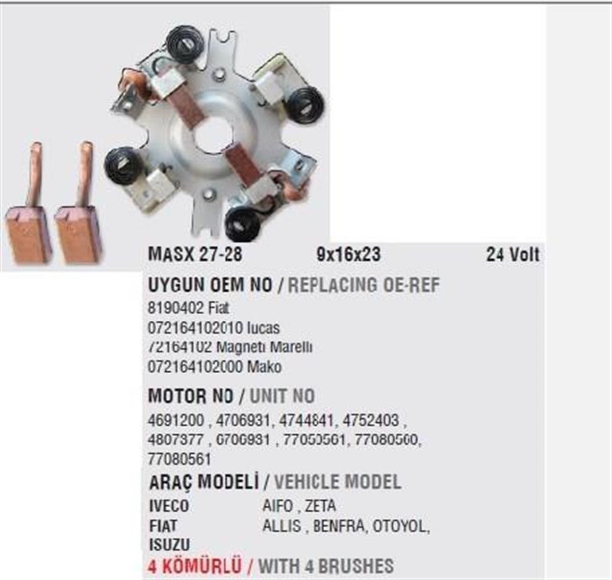 Kömür Yuvası 24V 9X16x23 Iveco Fıat Allıs Otoyol Isuzu 35Nc 50Nc Otoyol Iveco | Mega Ma7281