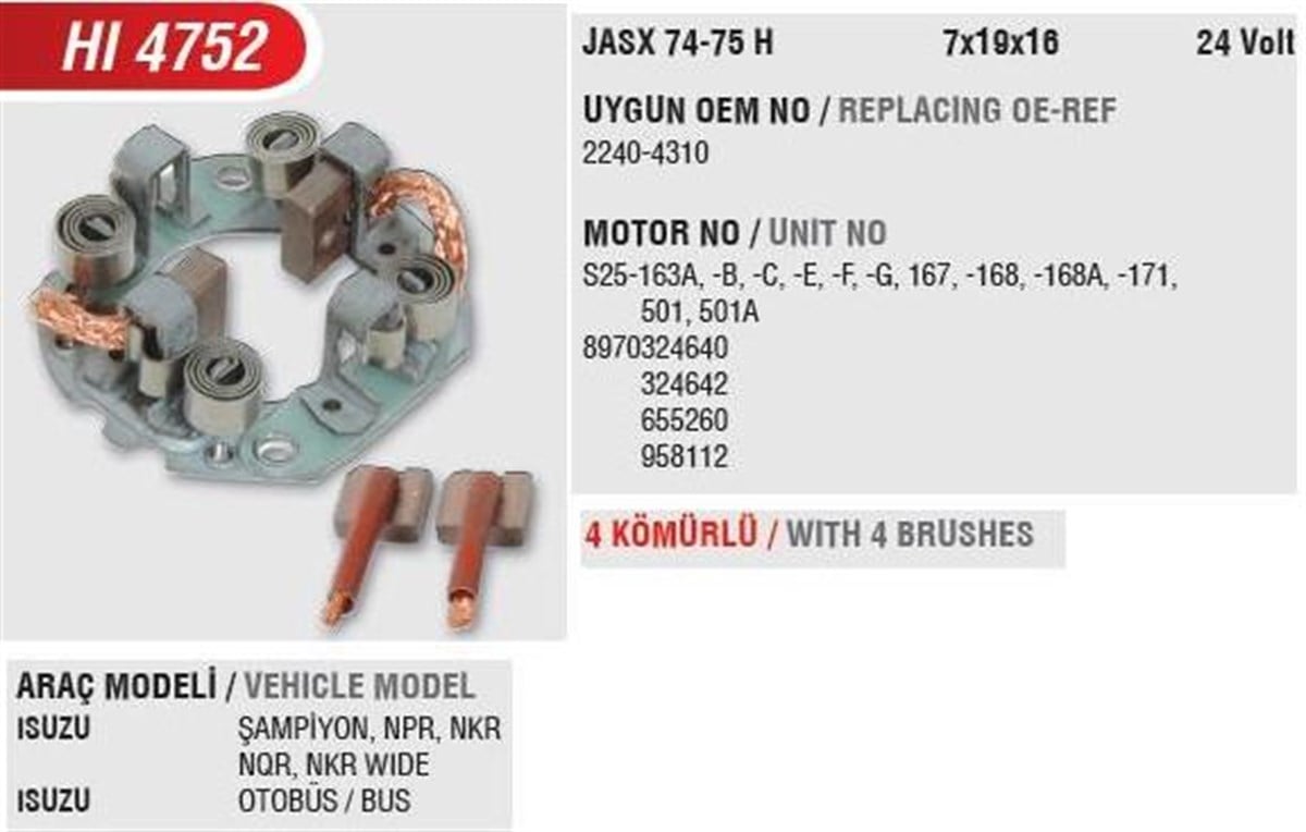 Kömür Yuvası 24V Isuzu Champıon Marş İçin Bhh6012