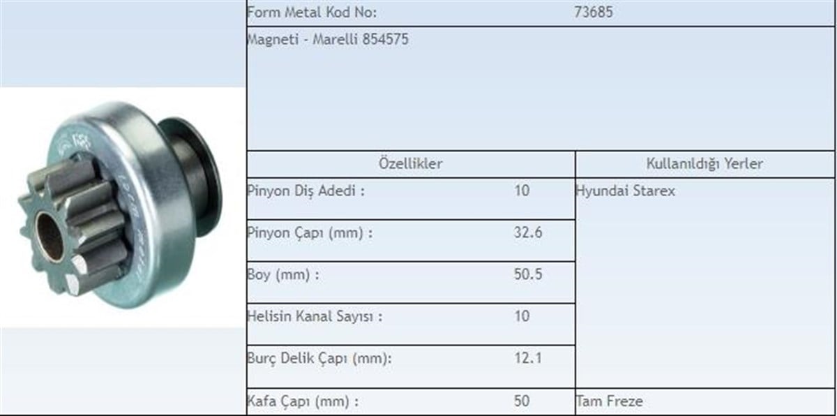 Marş Dişlisi 10Diş Hyundai Starex Marelli Tip