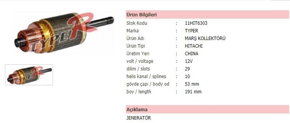 MARŞ KOLLEKTÖRÜ 12V JENERATÖR-TERS-53-191-10