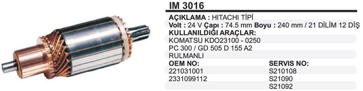 MARŞ KOLLEKTÖRÜ 24V KOMATSU-ISUZU 74.5X240X12