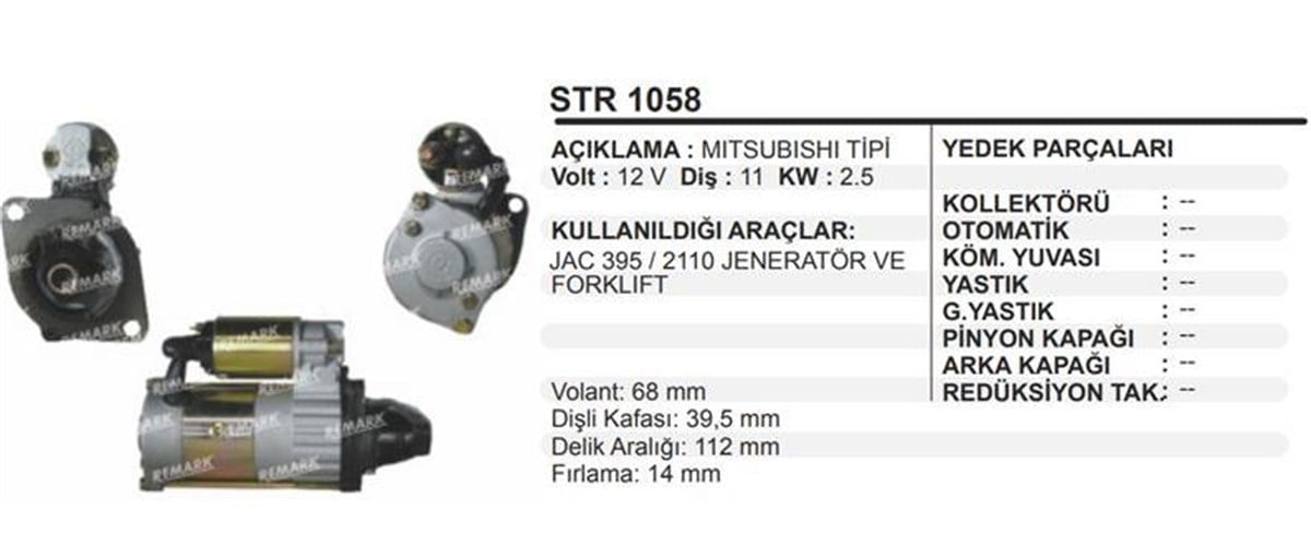 Marş Motoru 12V 11Diş  Jac 395 2110 Jeneratör Forklift 2,5 Kw