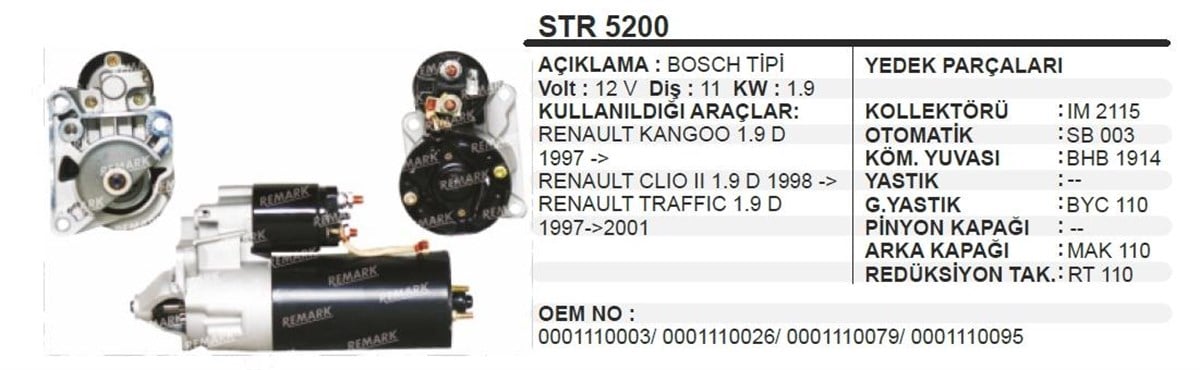 Marş Motoru 12V 11Diş Kango 1,9D Trafic Clio2 Str3082 Str3084