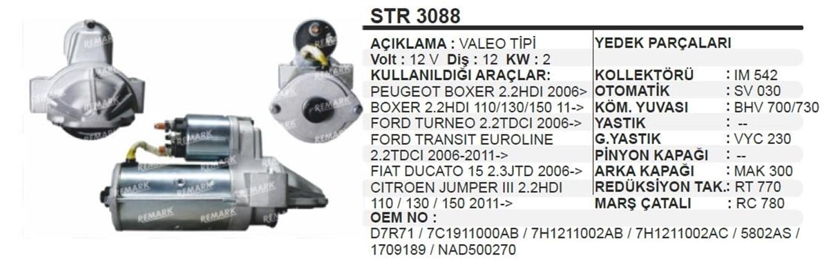 Marş Motoru 12V 12Diş 2 Kw Valeo Tip Ford Transit Ford Transıt 2 2 Tdcı 2006 2011 > / Fıat Ducato 15