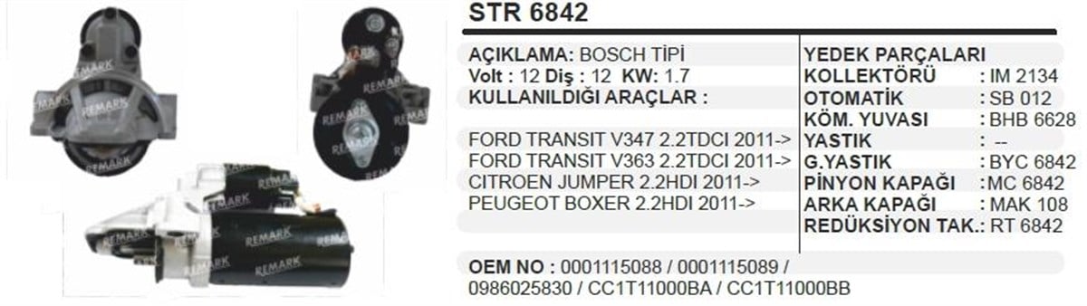 Marş Motoru 12V 12Diş Ford Transit V347 Jumper Dişli Aşşığda