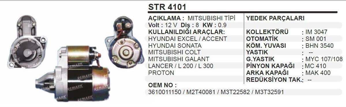 Marş Motoru 12V 8Diş Hyundai Accent Golt Excel Exel Sonato Langer Proton Galant Lancer L200 L300 Str4101