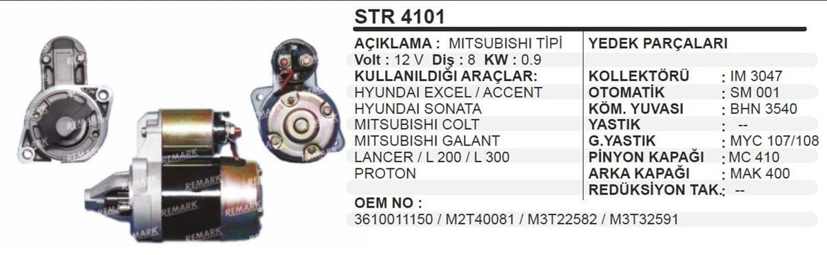 Marş Motoru 12V 8Diş Hyundai Accent Golt Excel Exel Sonato Langer Proton Galant Lancer L200 L300 Str4101