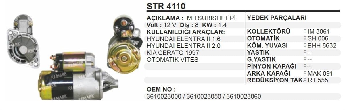 Marş Motoru 12V 8Diş Hyundai Elentra Kia Hyundai Tucson Kia Sportage