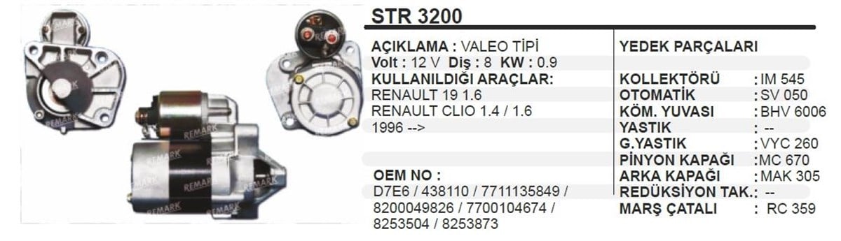 Marş Motoru 12V 8Diş R19 Clio Megan Aes Str3200  