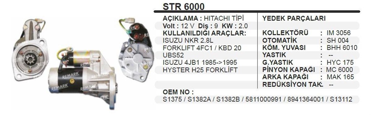 Marş Motoru 12V 9Diş Hıtachı Tıpı Isuzu Nkr Forklıft 4Jb1 Hyster H25 Forklıft 2 0Kw