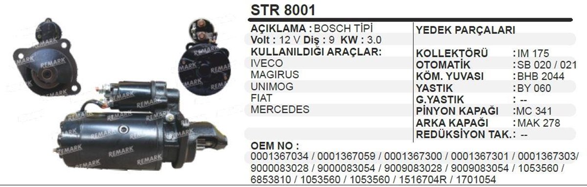 Marş Motoru 12V 9Diş Iveco Unımog Magırus Mercedes Fıat Str8001