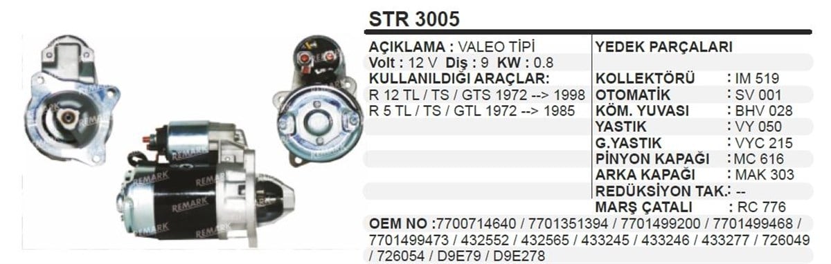 Marş Motoru 12V 9Diş R12 Toros Trafık Str3005 Valeo432565