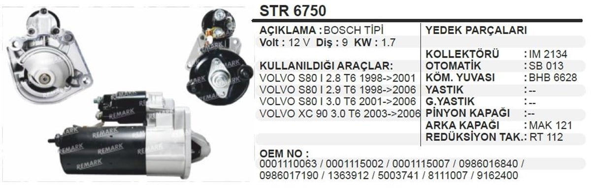 Marş Motoru 12V 9Diş Volvo S80 Xc90 2,8T6 1998 2006 