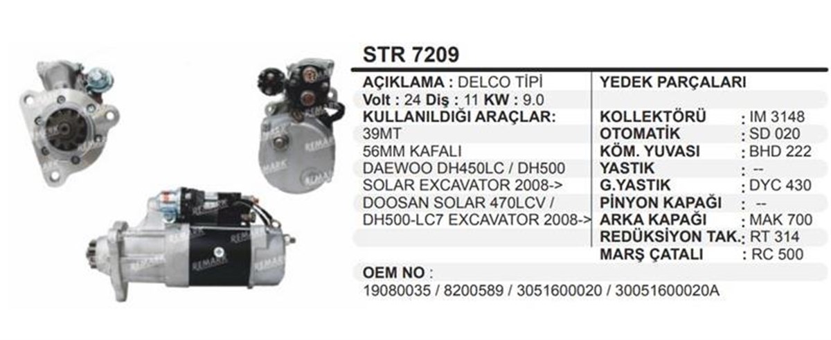 Marş Motoru 24V 11Diş 39Mt Daewoo/Doosan Dh5daewoo Dh450lc Dh500 Solar Excavatör 2008  Doosan Solar Dh500 Excavatör