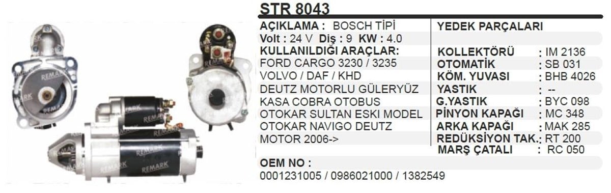 Marş Motoru 24V 9Diş Cargo Sultan Deutz Str8043 Umm3021 Str8018