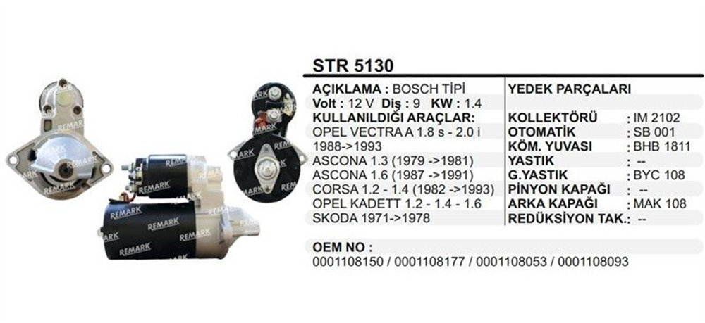REMARKSTR5130-Marş Motoru - Marş Dinamosu