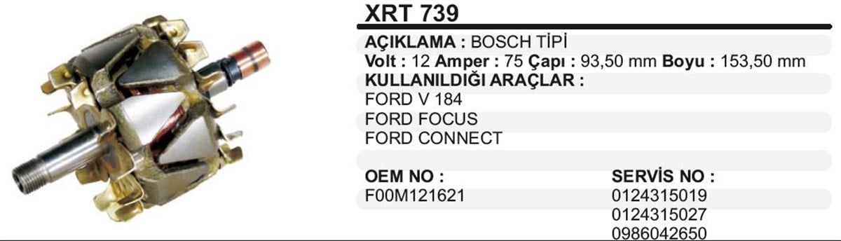 Rotor 12V 75Ah Connet Connect Focus Renault Megane Laguna Ford Transıt V184 Focus Mercedes Vito