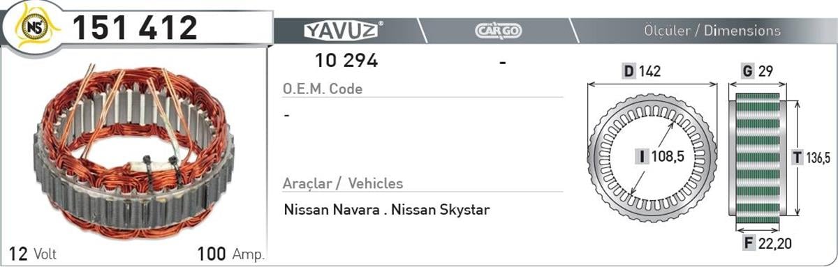 Statör 12V 100Ah Nissan Navara Skystar Nur151412 | Nursan 151412