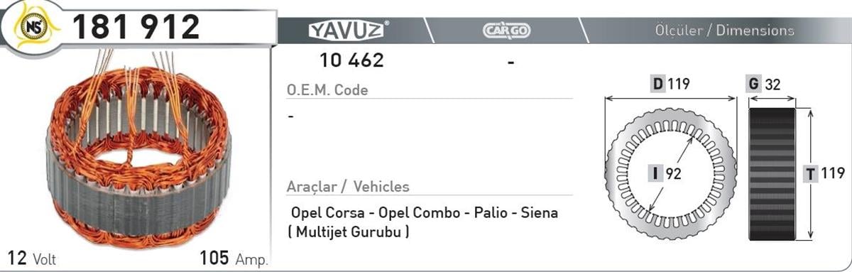 Statör 12V 105Ah Corsa Combo Palio 10472 181912 | Nursan 181912